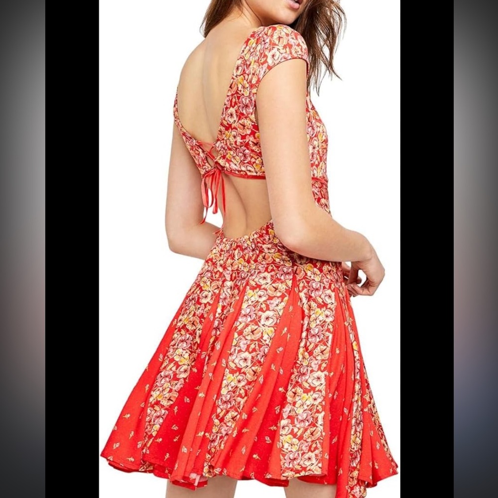 Free People Coral-Red Floral Backless Mini Dress - Picture 2 of 8